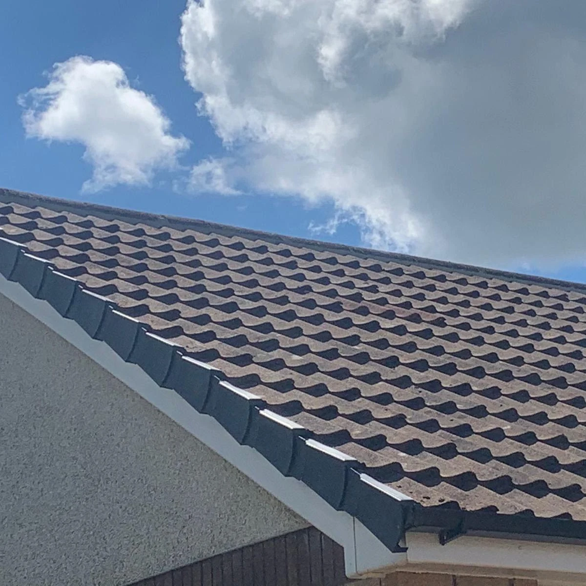 Brown roof tiles and white fascia beneath a cloudy sky