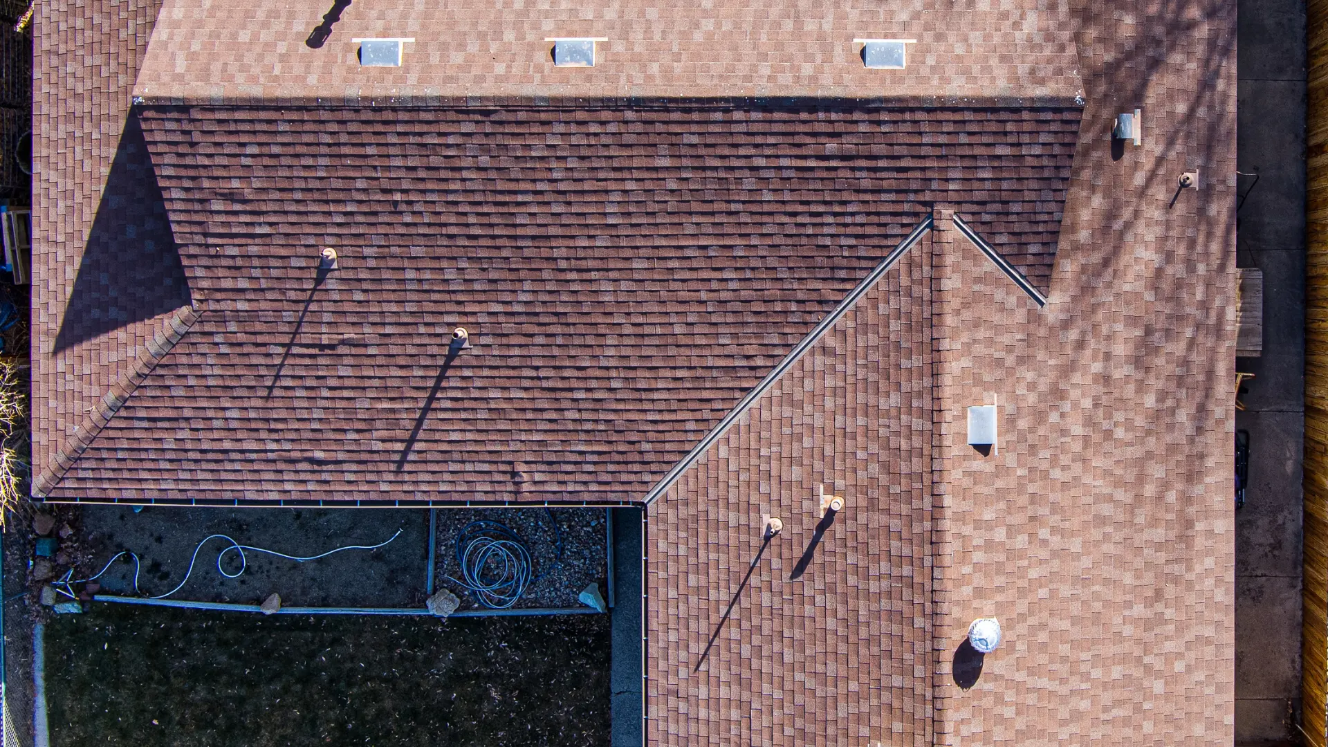 Overhead view of roof slopes and junctions for inspection