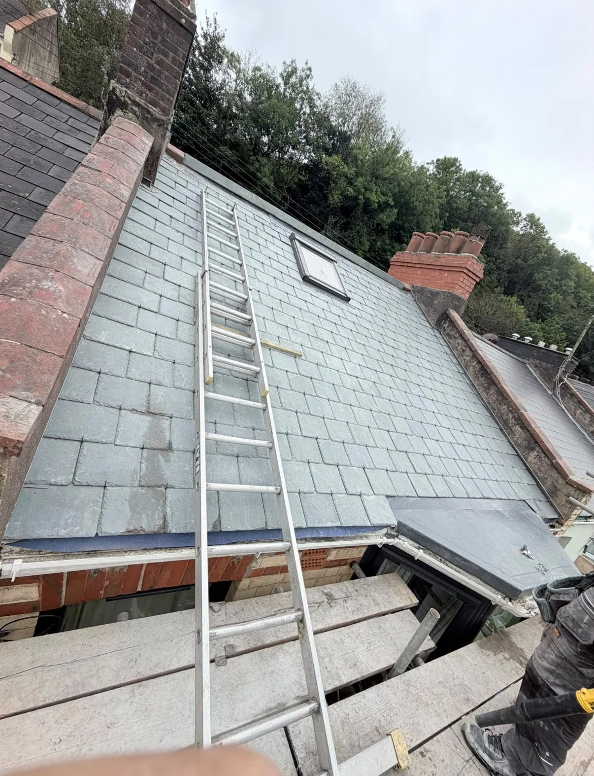 Slate pitched roof with a roof window and access ladder